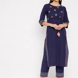 WineRed Women Navy Blue Cotton Embroidered Kurta With Trousers-image-22