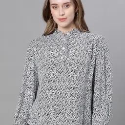 Oxolloxo Printed Mandarin Collar Crepe Shirt Style Top-picture-54