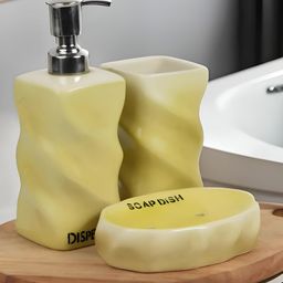Kaolinite Mustard 3 Pieces Textured Ceramic Bath Accessories Set-image-79