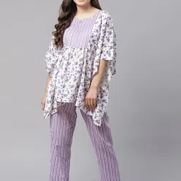 Laado - Pamper Yourself Women Purple & White Floral Printed Cotton Pyjama Set-17