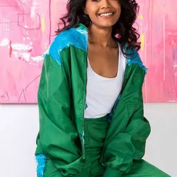 Rhe-Ana Women Colourblocked Faux Fur Trim Bomber Jacket-picture-3