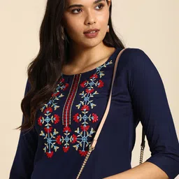 Anouk Women Navy Blue Floral Yoke Design Thread Work Straight Kurta-picture-10
