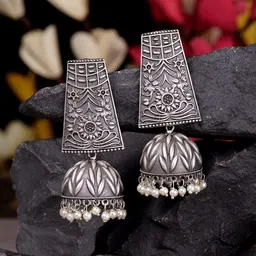 Saraf RS Jewellery Silver-Toned & White Oxidised Dome Shaped Jhumkas-15