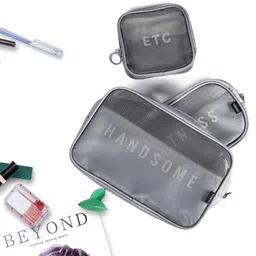 HOUSE OF QUIRK Set Of 3 Grey Printed Makeup Organiser-6