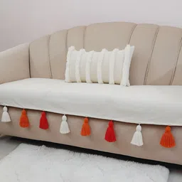 THROWPILLOW Off White & Red Anti Slip Tassels 4 Seater Sofa Cover-image-52