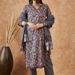 Vastramyaa Floral Printed Mirror Work Pure Cotton Kurta With Trousers & Dupatta-image-46