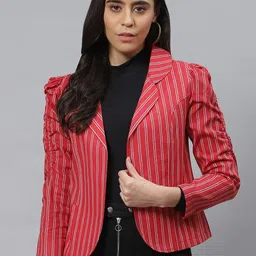 Cottinfab Women Red White Striped Open Front Jacket-28