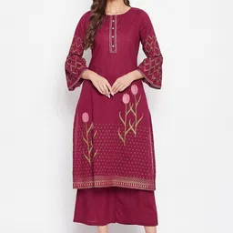 Bitterlime Women Maroon Ethnic Motifs Block Printed Pure Cotton Kurta with Palazzos-picture-49