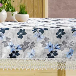 CASA-NEST White & Blue Floral Printed Cotton 4 Seater Table Cover-picture-48