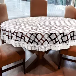Stylista White & Brown Geometric  Printed Waterproof Round 6-Seater Table Cover-25