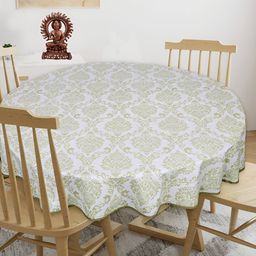 Texstylers  White & Green 4-Seater Anti-Slip Cotton Round Table Cover-24