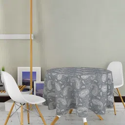 Texstylers Grey  & White  Seater Floral  Round Anti-Slip Cotton Round Table Cover-image-28