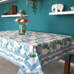 TARA- Sparkling Homes White & Blue Floral Printed Pure Cotton 6 Seater Table Cover-image-81