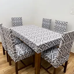ohello 4Pcs Grey Printed Elasticated Fitted Chair Covers With Table Cover-image-28
