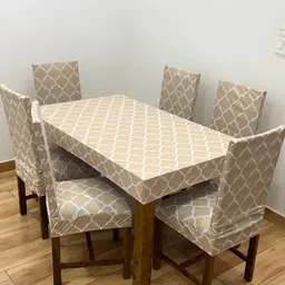 ohello 6Pcs Beige Printed Elasticated Fitted Chair Covers With Table Cover-image-38