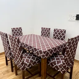 ohello 6Pcs Brown Printed Elasticated Fitted Chair Covers With Table Cover-image-31