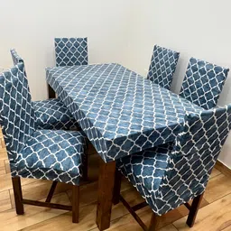 ohello 6Pcs Blue Printed Elasticated Fitted Chair Covers With Table Cover-image-33