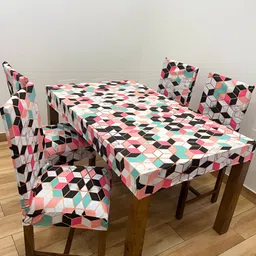 ohello 4Pcs White & Pink Printed Elasticated Fitted Chair Covers With Table Cover-18