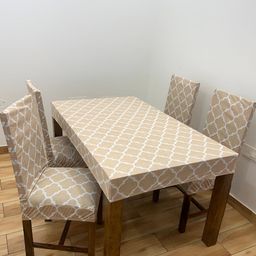 ohello 4Pcs Beige Printed Elasticated Fitted Chair Covers With Table Cover-image-70