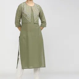 Vishudh Women Green Geometric Yoke Design Keyhole Neck Thread Work Kurta-picture-24