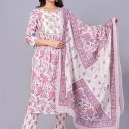 JAIPURI COLLECTION Printed Thread Work A-Line Pure Cotton Kurta with Trousers & Dupatta-26