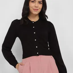 Allen Solly Woman Striped Puff Sleeves Pure Acrylic Crop Cardigan-11