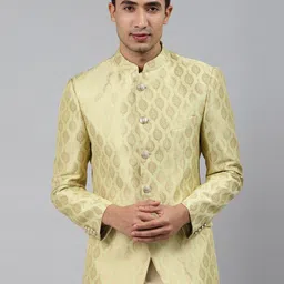 MANQ Men Green Self-Design Slim Fit Bandhgala Blazer-image-49