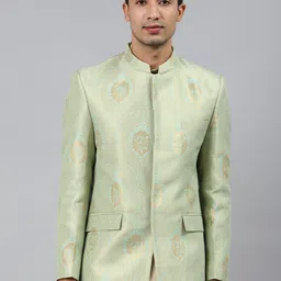 MANQ  Men Green Self-Design Slim Fit Bandhgala Blazer-image-20