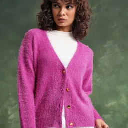 Tokyo Talkies Pink Self Designed V-Neck Acrylic Cardigan-picture-19