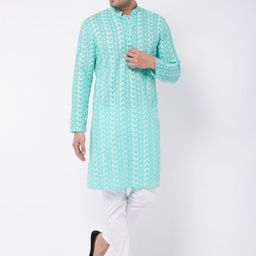 VASTRAMAY Men Green Embroidered Chikankari Pure Cotton Kurta with Churidar-picture-51