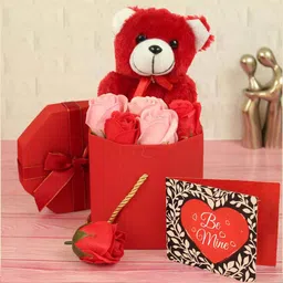 TIED RIBBONS Red & Black 3-Pieces Teddy Bear With Flowers Card & Gift Box-58
