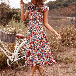 StyleCast Red Floral Printed High Neck Flutter Sleeve Fit & Flare Midi Dress-image-55