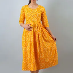 Henal Bandhani Printed Round Neck Maternity Fit & Flare Midi Ethnic Dress-16