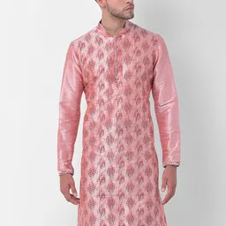 DEYANN Men Peach-Coloured & Grey Printed Regular Dupion Silk Kurta with Churidar-0