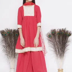 Little Bansi Girls Striped Embroidered Cotton Anarkali Kurta & Sharara With Dupatta-picture-38