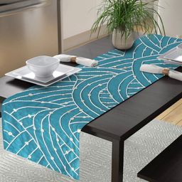 Alina decor Teal Blue & White Embroidered 6-Seater Table Runner-picture-4