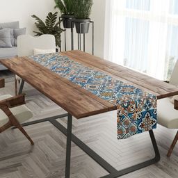 Tasseled Home Blue & Orange-Colored Casablanca Printed Rectangular Table Runner-46