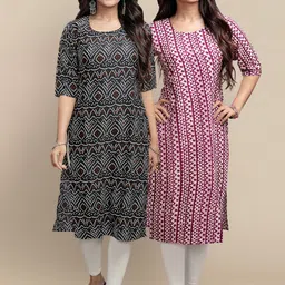KALINI Women Black & Brown Chevron Printed Block Print Crepe Kurta-image-97