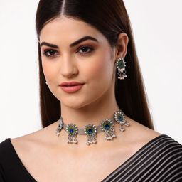 Arrabi Oxidised Metallic-Toned & Blue Stones-Studded & Beaded Jewellery Set-image-68