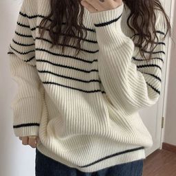 LULU & SKY Striped Printed Round Neck Long Sleeve Pullover Sweaters-picture-1