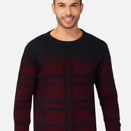 JoE Hazel Men Navy Blue & Red Checked Checked Pullover-12