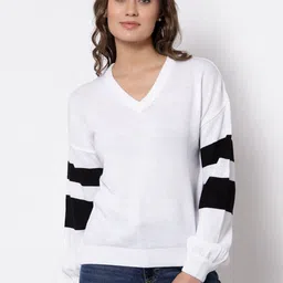 Club York Women White & Black Striped Acrylic Printed Pullover-image-49