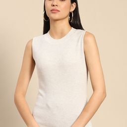 ARMISTO Women Grey Melange Solid Ribbed Round Neck Sweater-image-18