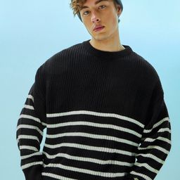 Bewakoof Black & White Striped Super Loose Fit Flat Knit Acrylic Pullover Sweater-image-0