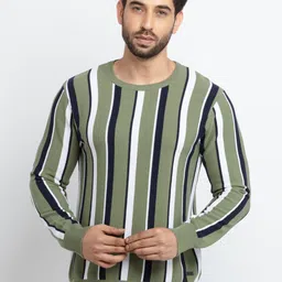 Status Quo Men Green & White Striped Cotton Sweater-image-84