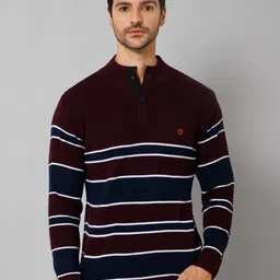 Cantabil Men Maroon & White Striped Pullover-picture-10