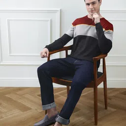 INVICTUS Men Navy Blue & Grey Colourblocked Pullover-image-53