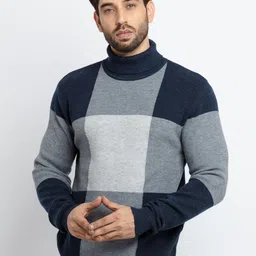 Status Quo Men Navy Blue & Grey Colourblocked Acrylic Pullover Sweater-image-97