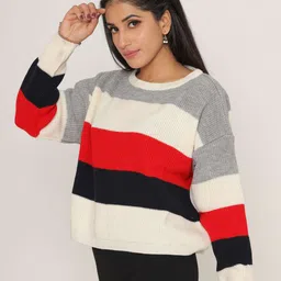 KASMA Women Red & Black Colourblocked Wool Pullover-picture-17