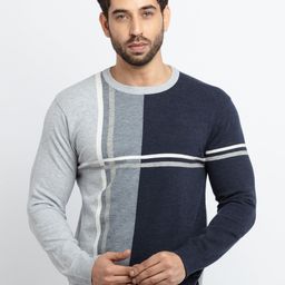 Status Quo Men Grey & Off White Colourblocked Acrylic Pullover Sweater-image-90